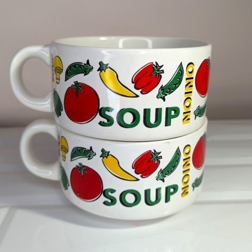 Vintage Houston Harvest Soup Bowls Mugs Stacking Pair Vegetables Set of 2 - Picture 2 of 11